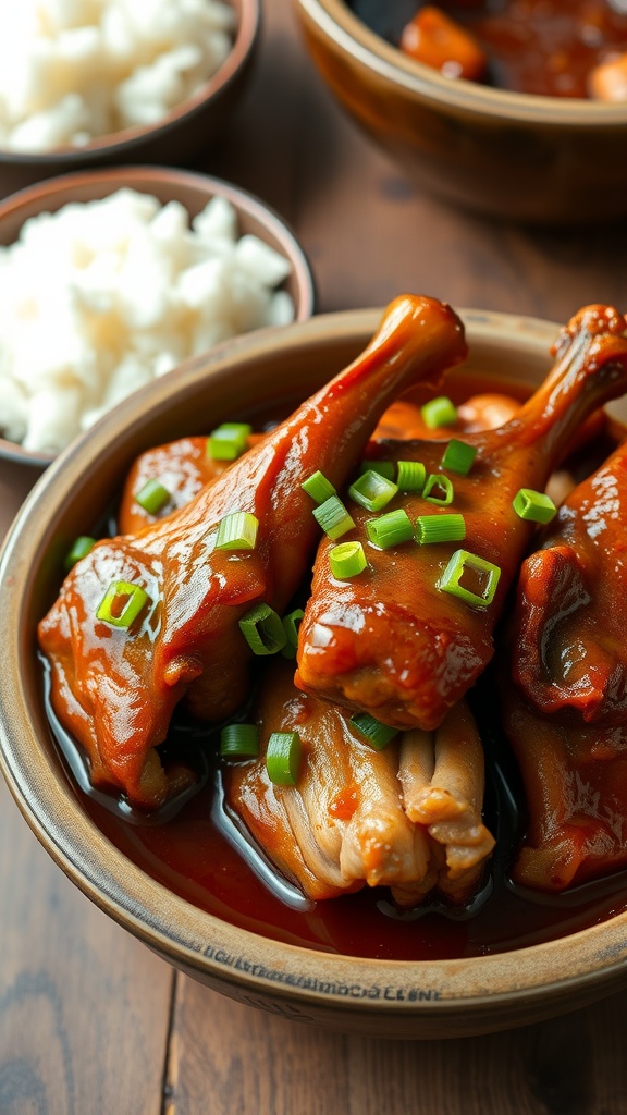 Braised pork feet served in a bowl with sauce and green onion garnish, alongside a portion of rice on a rustic table.
